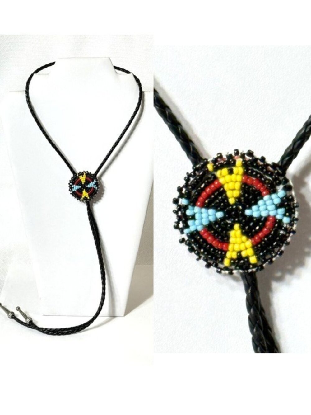 Multi-color beaded, silver-tone and black cord western cowboy/cowgirl bolo tie